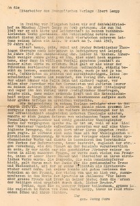 Der Nachruf von Pfarrer Georg Merz, Freund von Albert Lempp und ehemaliger Cheflektor des Christian-Kaiser-Verlags, nach Lempps Tod an die Verlagsmitarbeiter aus dem Jahr 1943.